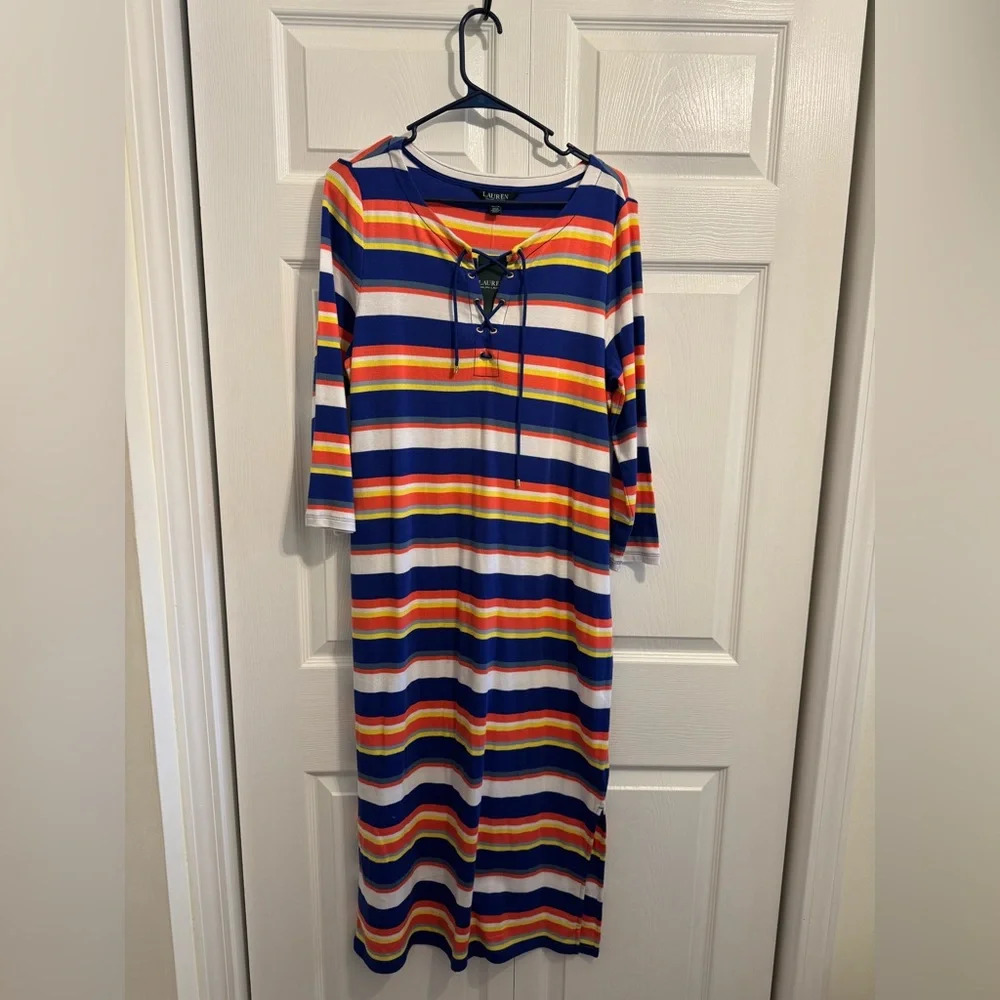BRAND NEW Lauren Ralph Lauren's slim-fitting  midi dress size XL blue coral NWT - Picture 5 of 15